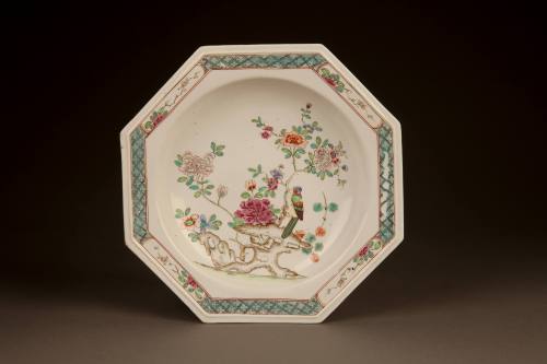 Chelsea 'Famille-Rose' Octagonal Soup Plate with a Bird Perched on a Tree Peony, 1752-1754. Sof ...