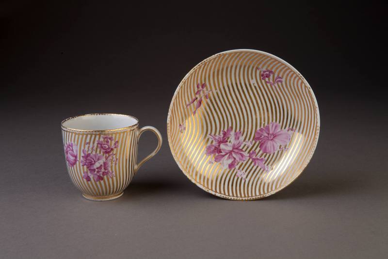 Derby Coffee Cup and Saucer with a Gilt-Striped Ground, 1780-1782. Soft-paste porcelain. Dixon  ...