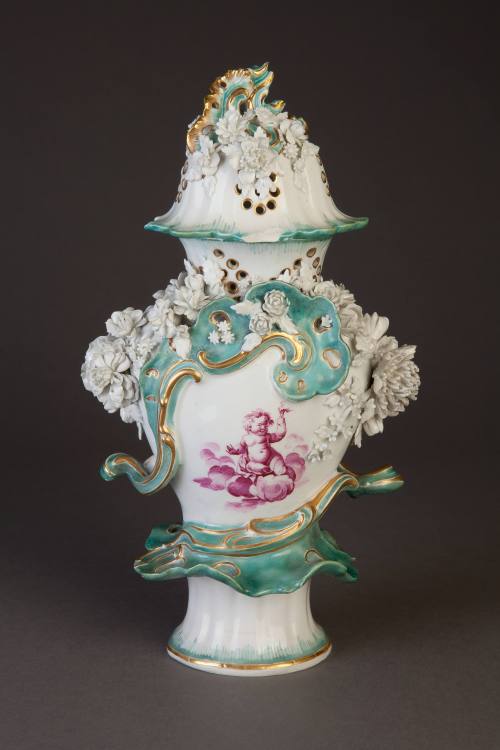 Derby Flower-Encrusted Rococo Potpourri 'Frill' Vase and Cover Painted in Puce Camaïeu with Che ...