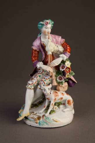 Derby Group of Seated Pastoral Musician: A Bagpiper with a Dog, ca. 1765. Soft-paste porcelain. ...