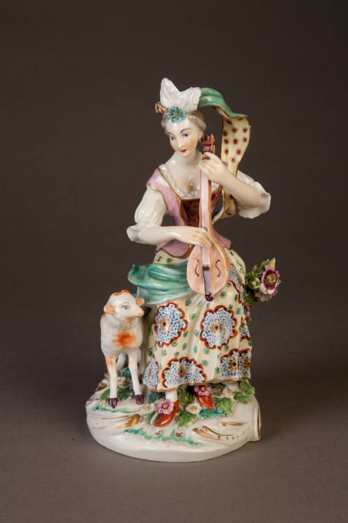 Derby Group of Seated Pastoral Musician: A Lutanist with a Sheep, ca. 1765. Soft-paste porcelai ...