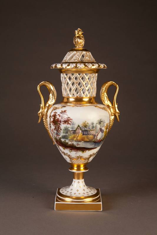 English Potpourri Vase and Pierced Cover with Gilt Swan Handles, 1820-1830. Soft-paste porcelai ...