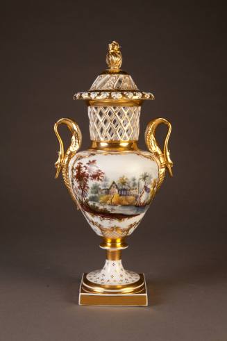 English Potpourri Vase and Pierced Cover with Gilt Swan Handles, 1820-1830. Soft-paste porcelai ...