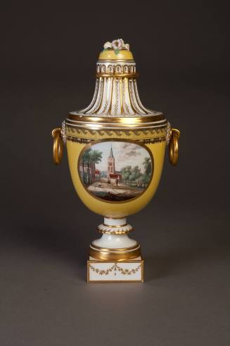 Amstel, Yellow-Ground Neoclassical Vase and Cover Reserved on the Front and Reverse with a Topo ...