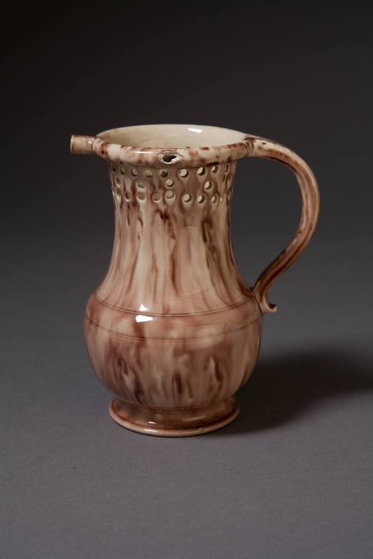Staffordshire, Cream-Colored Earthenware Puzzle Jug with Manganese Underglaze Oxide Decoration, ...