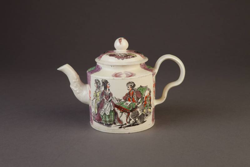 Stafforshire, Creamware Transfer-Printed and Enameled Documentary Cylindrical Teapot and Cover, ...