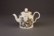 Stafforshire, Creamware Transfer-Printed and Enameled Documentary Cylindrical Teapot and Cover, ...