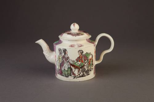 Stafforshire, Creamware Transfer-Printed and Enameled Documentary Cylindrical Teapot and Cover, ...