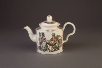 Stafforshire, Creamware Transfer-Printed and Enameled Documentary Cylindrical Teapot and Cover, ...