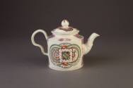 Stafforshire, Creamware Transfer-Printed and Enameled Documentary Cylindrical Teapot and Cover, ...
