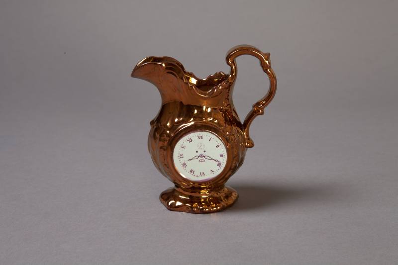 Staffordshire Copper Lustre Jug Reserved with a Clock Face and a Roundel of a Chinese Figure in ...