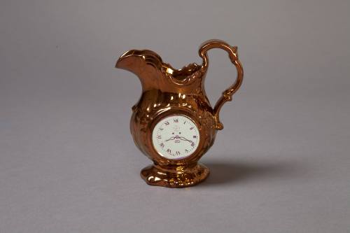 Staffordshire Copper Lustre Jug Reserved with a Clock Face and a Roundel of a Chinese Figure in ...