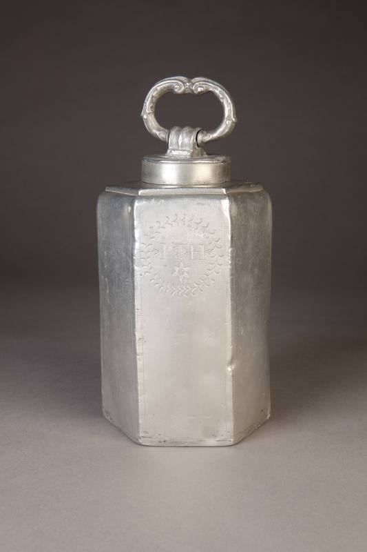 Unknown maker, Hexagonal Covered Flask, ca. 1800. ewter. Dixon Gallery and Gardens; Gift of Dr. ...