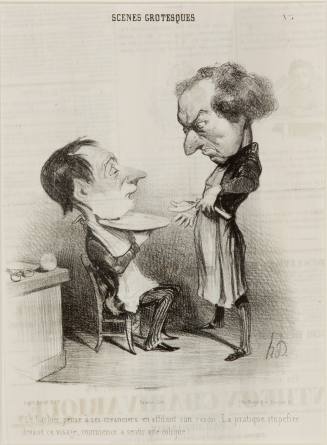 Honoré Daumier, The barber is thinking about his creditors by putting an edge on his razor. The ...