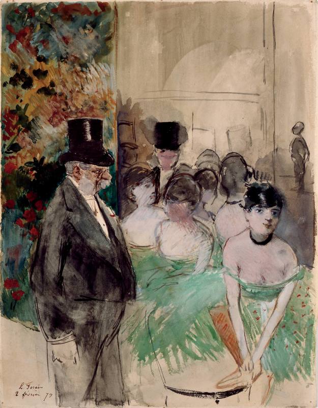 Jean-Louis Forain, Intermission. On Stage, 1879. Watercolor, gouache, india ink and pencil on w ...