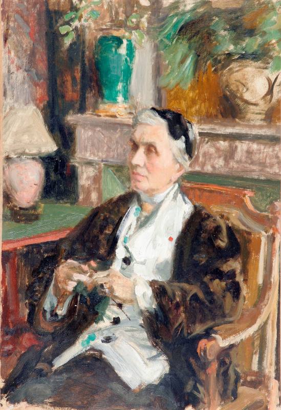 Berthe Noufflard, Mme. Langweil Knitting, ca.1942. Oil on paper on canvas. Dixon Gallery and Ga ...