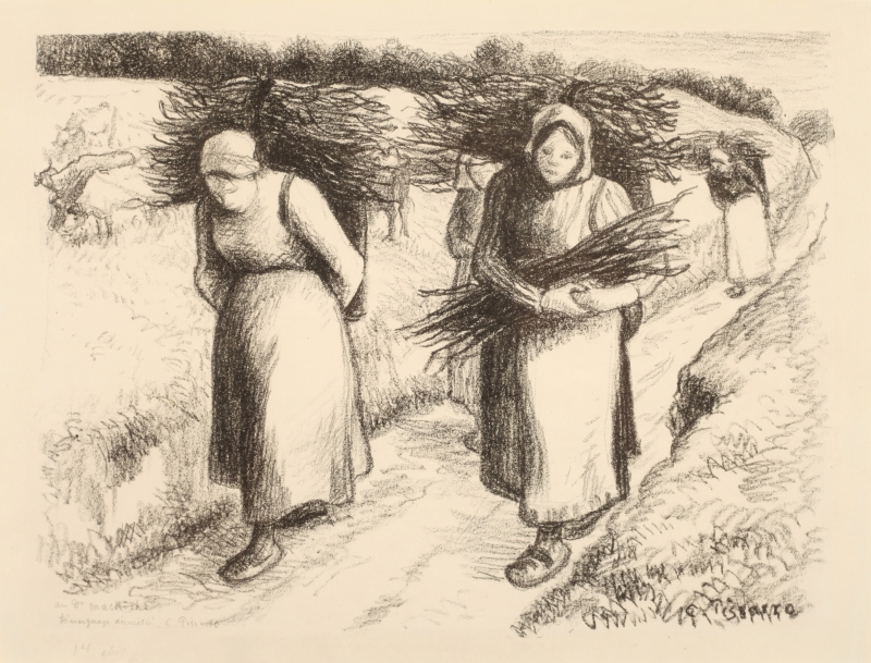 Camille Pissarro, Women Carrying Bundles of Sticks, 1896. Lithograph on white woven paper. Dixo ...