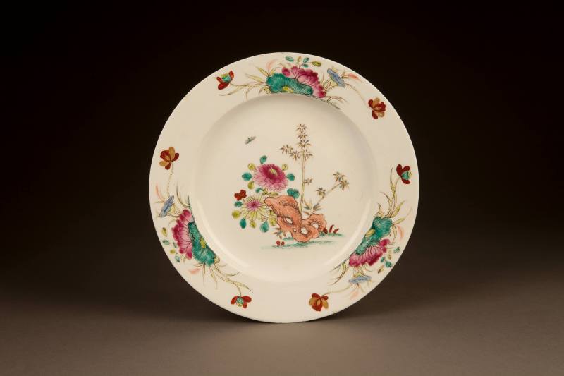 Bow Plate Enameled with 'Famille-Rose' Garden Vignettes, 1755-1760. Soft-paste porcelain. Colle ...