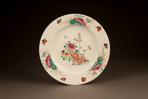 Bow Plate Enameled with 'Famille-Rose' Garden Vignettes, 1755-1760. Soft-paste porcelain. Colle ...