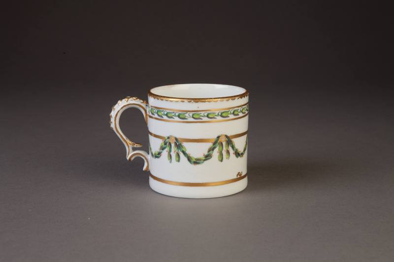 Bristol Cylindrical Mug Painted with Berried Laurel Sags, 1775-1778. Hard-paste porcelain. Dixo ...